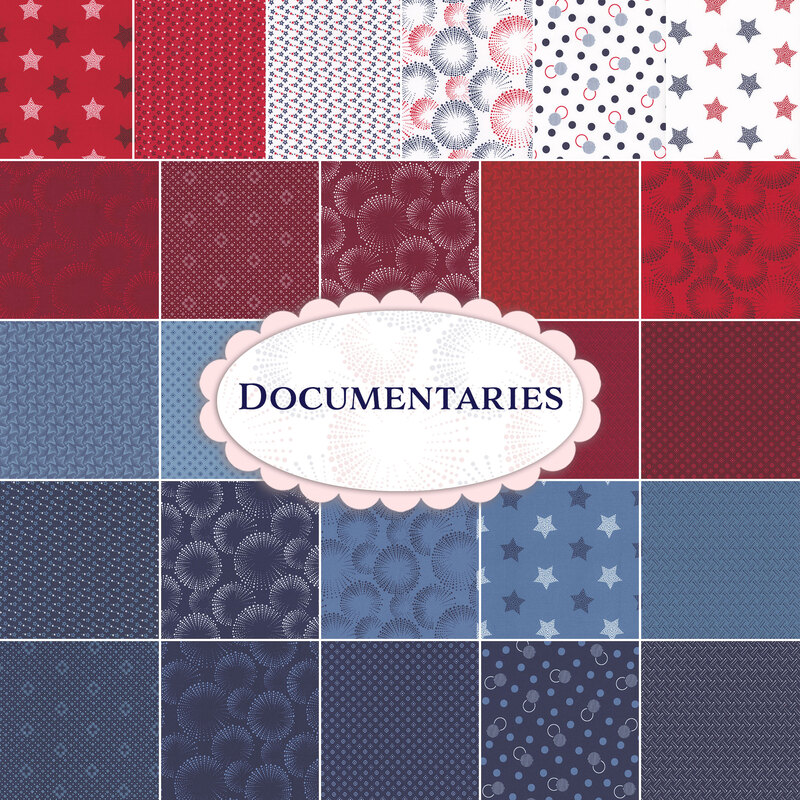 Collage of the red, white, and blue firework and star fabrics included in the Documentaries collection.