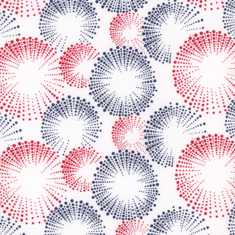 White fabric with red and blue dotted fireworks