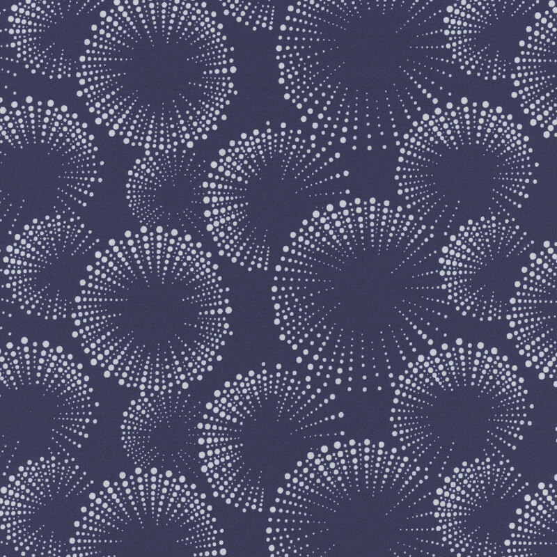  Navy fabric with dotted fireworks in white.