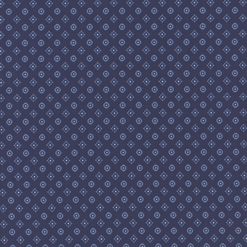 Navy blue fabric with tonal light blue diamonds and rounded squares all over