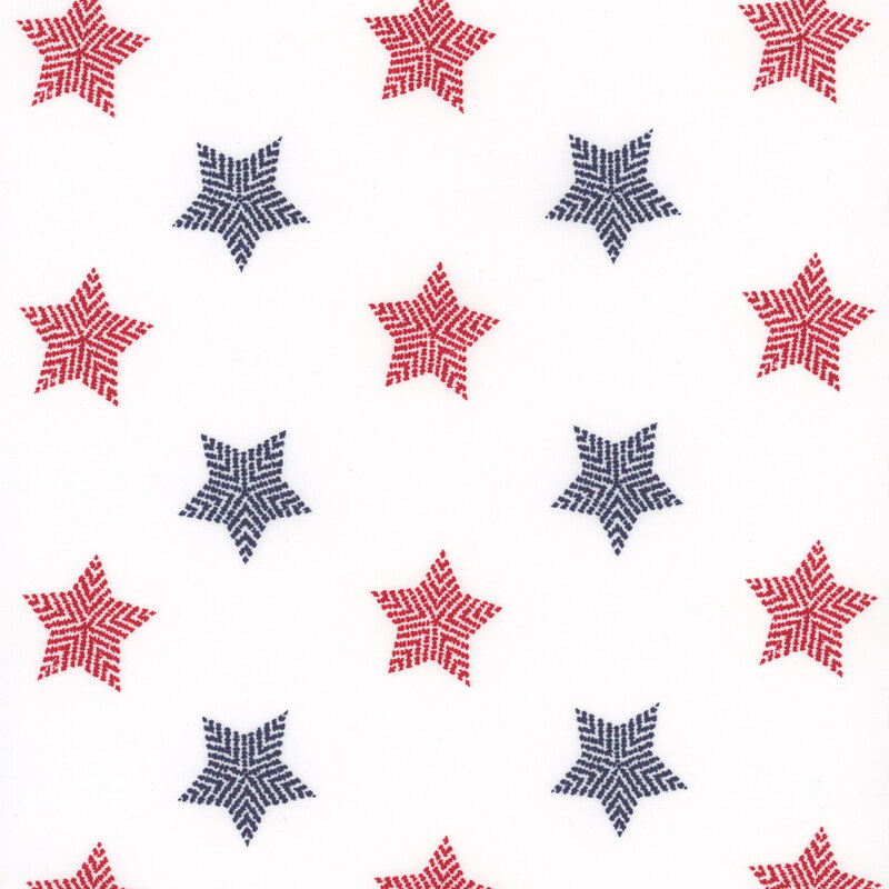 White fabric with large striped red and blue stars