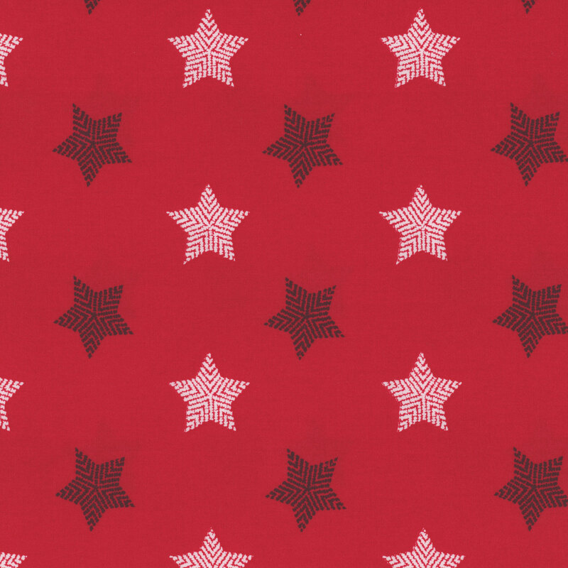Red fabric with large striped black and white stars all over