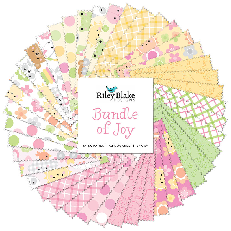 collage of the bundle of joy fabrics in soft pinks, whites, yellows, and greens splayed in a circle