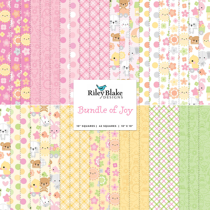 collage of the bundle of joy fabrics in soft pinks, whites, yellows, and greens