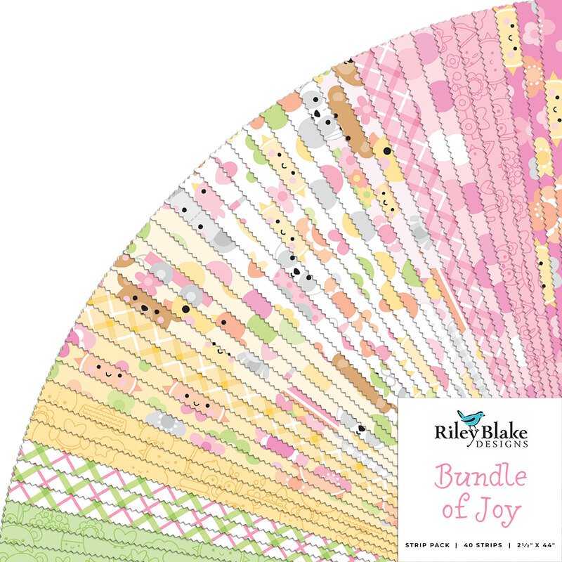 collage of the bundle of joy fabrics in soft pinks, whites, yellows, and greens splayed in a fan