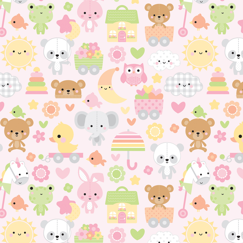 pastel pink fabric featuring adorable stuffed animals, toys, suns, moons, and other cute motifs