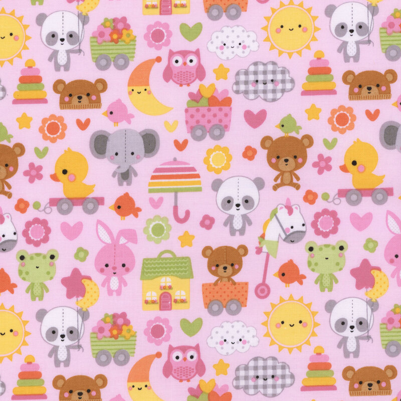 pastel pink fabric featuring adorable stuffed animals, toys, suns, moons, and other cute motifs