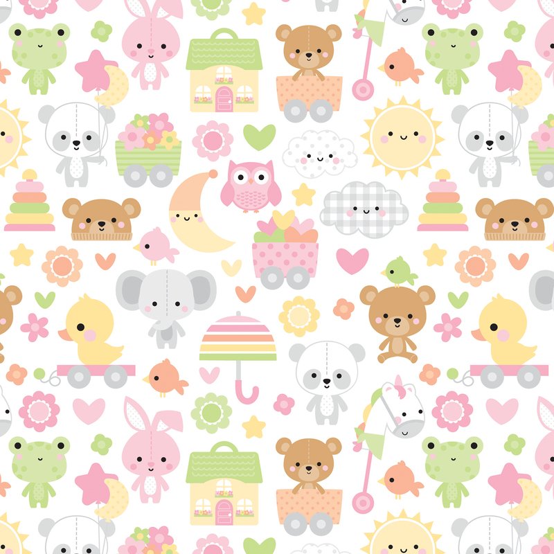 white fabric featuring adorable stuffed animals, toys, suns, moons, and other cute motifs