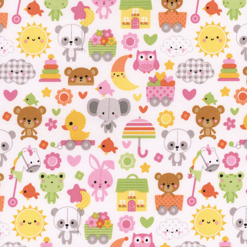 white fabric featuring adorable stuffed animals, toys, suns, moons, and other cute motifs