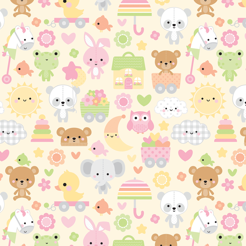 pastel yellow fabric features adorable stuffed animals, toys, suns, moons, and other cute motifs