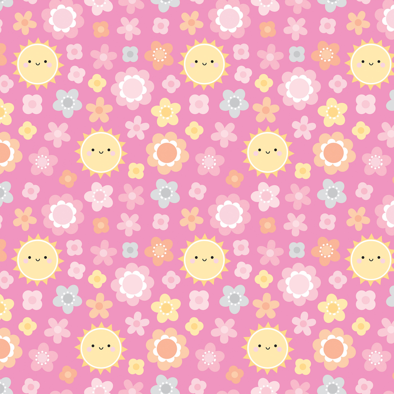 adorable pink fabric featuring scattered pink, gray, orange, and yellow flowers with the occasional smiling sun