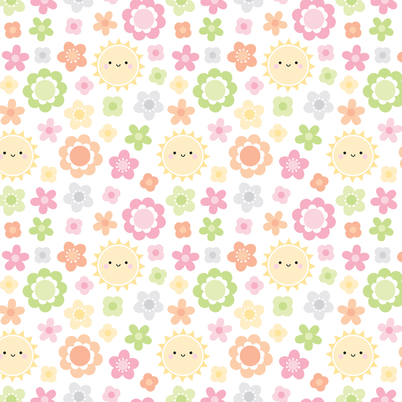 adorable white fabric featuring scattered pink, gray, orange, green, and yellow flowers with the occasional smiling sun