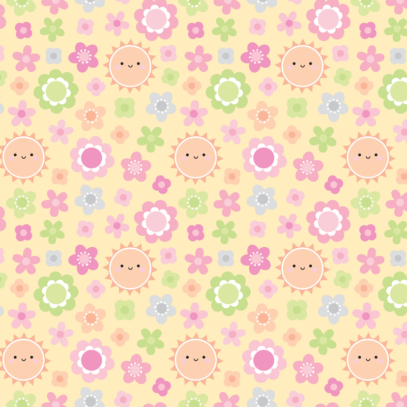 sunny yellow fabric featuring scattered pink, gray, orange, and green flowers with the occasional smiling sun
