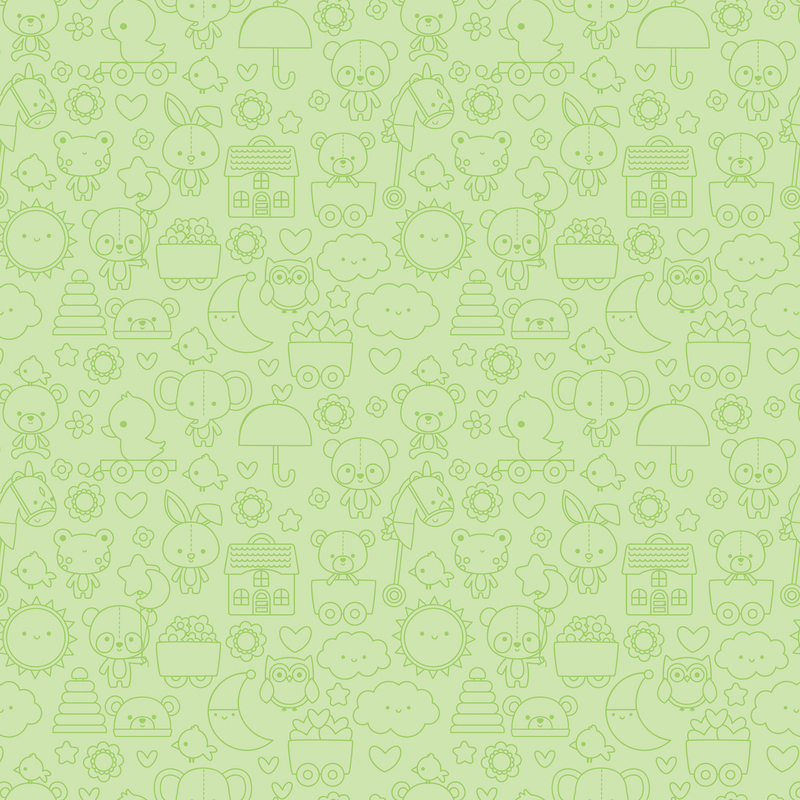 light sage green fabric featuring adorable tonal line art of stuffed animals, toys, suns, moons, and other cute motifs