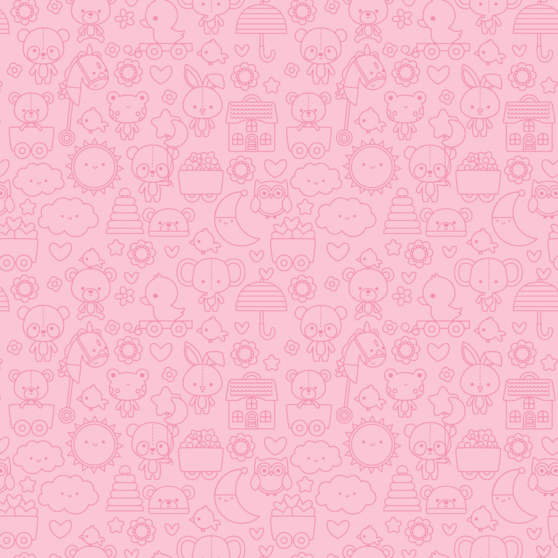 bubblegum pink fabric featuring adorable tonal line art of stuffed animals, toys, suns, moons, and other cute motifs