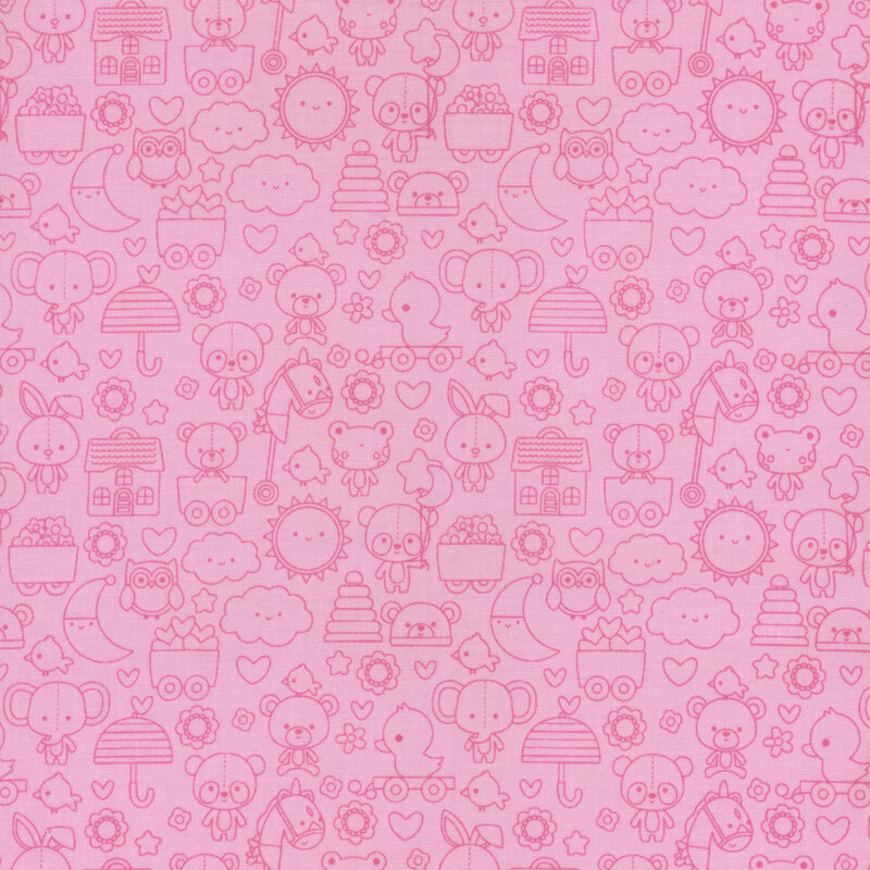 bubblegum pink fabric featuring adorable tonal line art of stuffed animals, toys, suns, moons, and other cute motifs