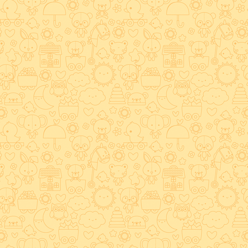 sunny yellow fabric featuring adorable tonal line art of stuffed animals, toys, suns, moons, and other cute motifs