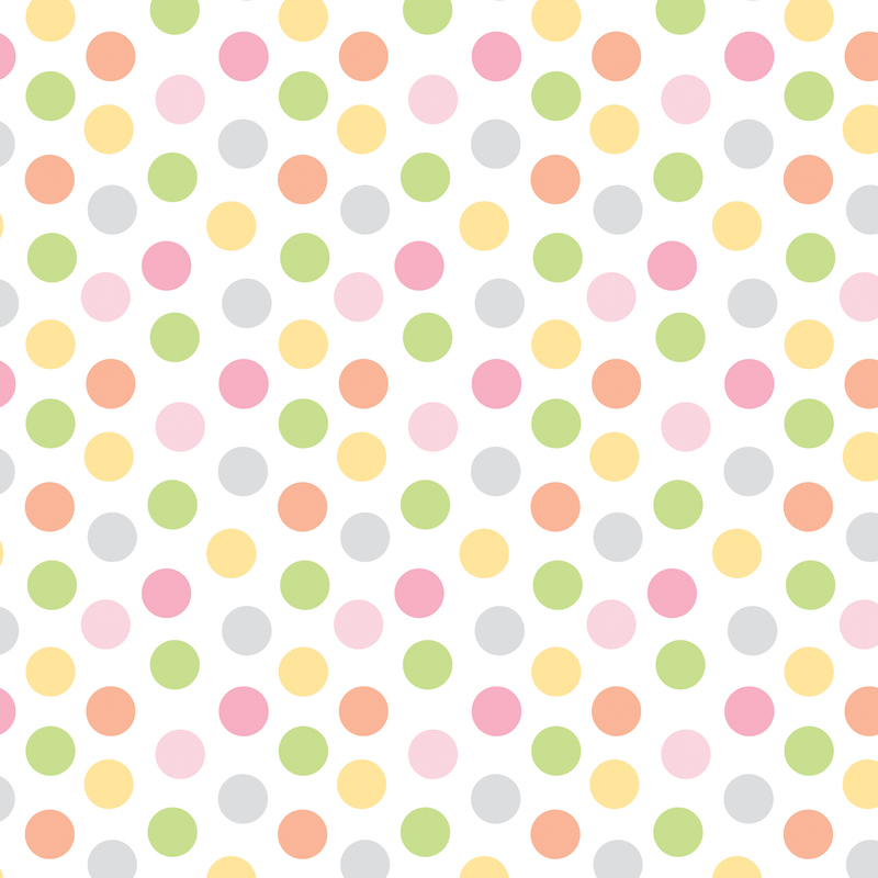 white fabric featuring medium polka dots in yellow, gray, orange, pink, and green