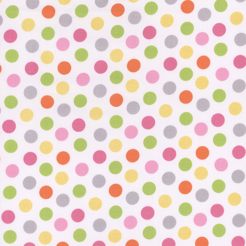 white fabric featuring medium polka dots in yellow, gray, orange, pink, and green