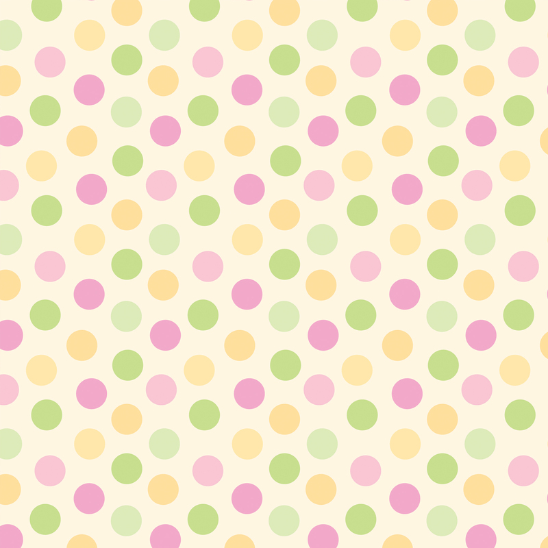 soft yellow fabric featuring medium polka dots in 2 different shades of pink, green, and yellow