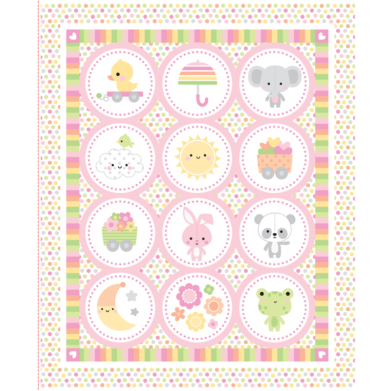white fabric panel features both a polka dot and striped border surrounding 12 adorable images in circles, including stuffed animals, a sun, the moon, flowers, and a cloud