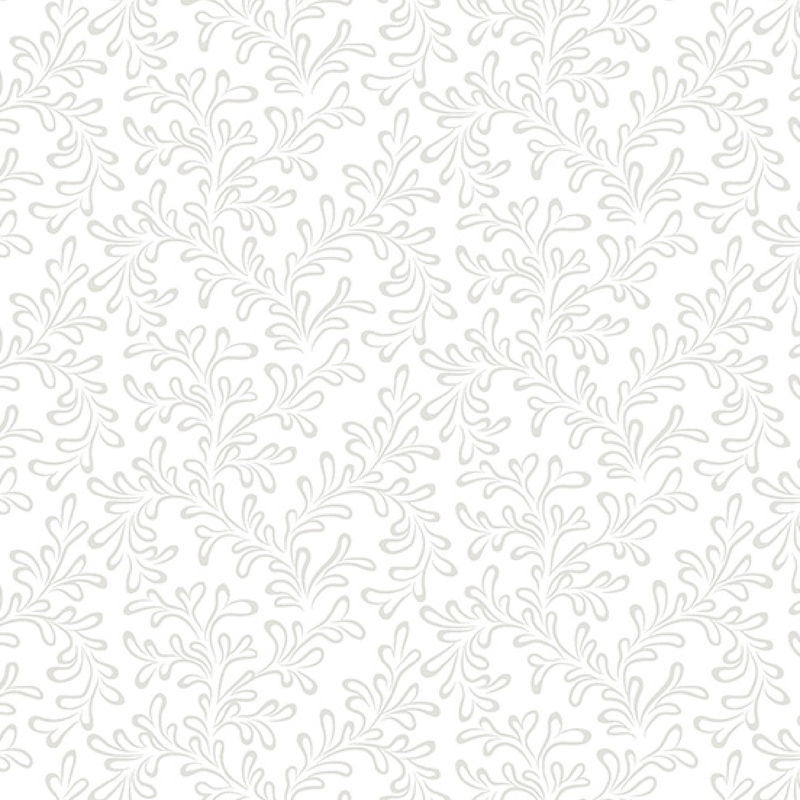 white fabric featuring winding white branching leaves