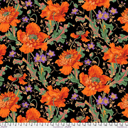 Black fabric with large orange florals, small purple florals, and sprawling loden green vines.