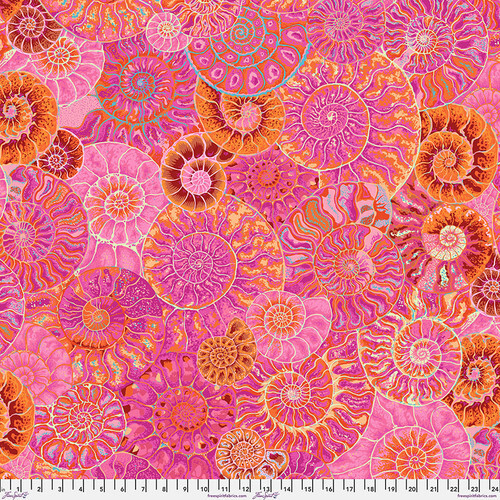 Bright pink fabric packed with detailed and colorful ammonite shells.