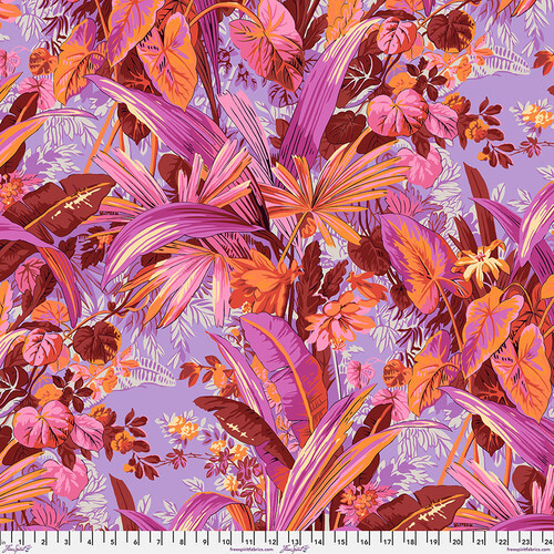 Rich light purple fabric with sprawling foliage and florals in orange, burnt sienna, magenta, and pink, with black shadows and cream highlights.