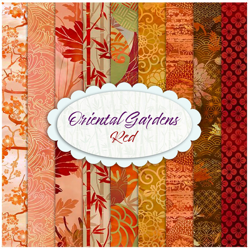 collage of the Oriental Gardens fabrics in the red FQ set in shades of red, orange, and golden yellow
