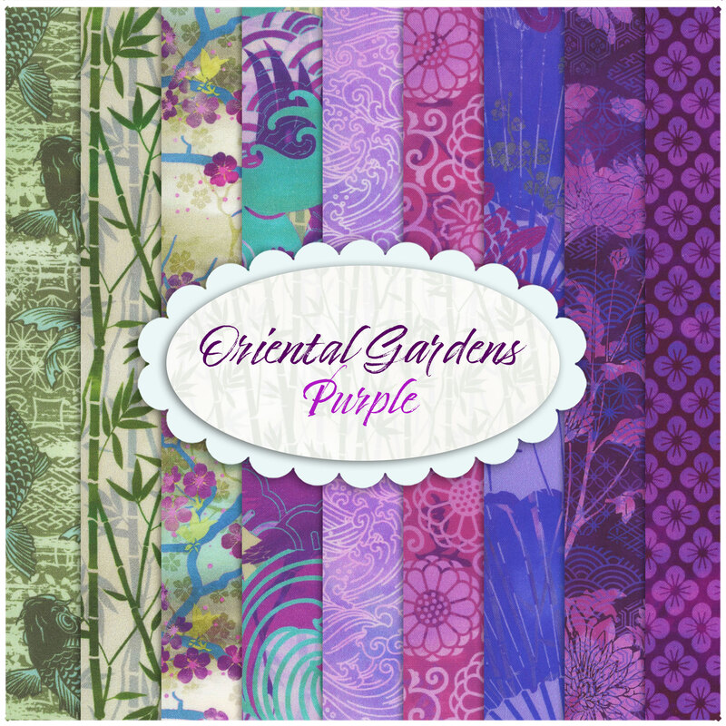 collage of the Oriental Gardens fabrics in the purple FQ set in shades of purple, green, magenta, and blue