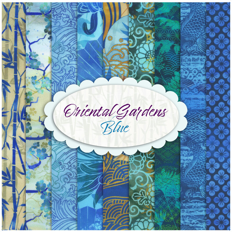 collage of the Oriental Gardens fabrics in the blue FQ set in shades of blue, teal, and aqua