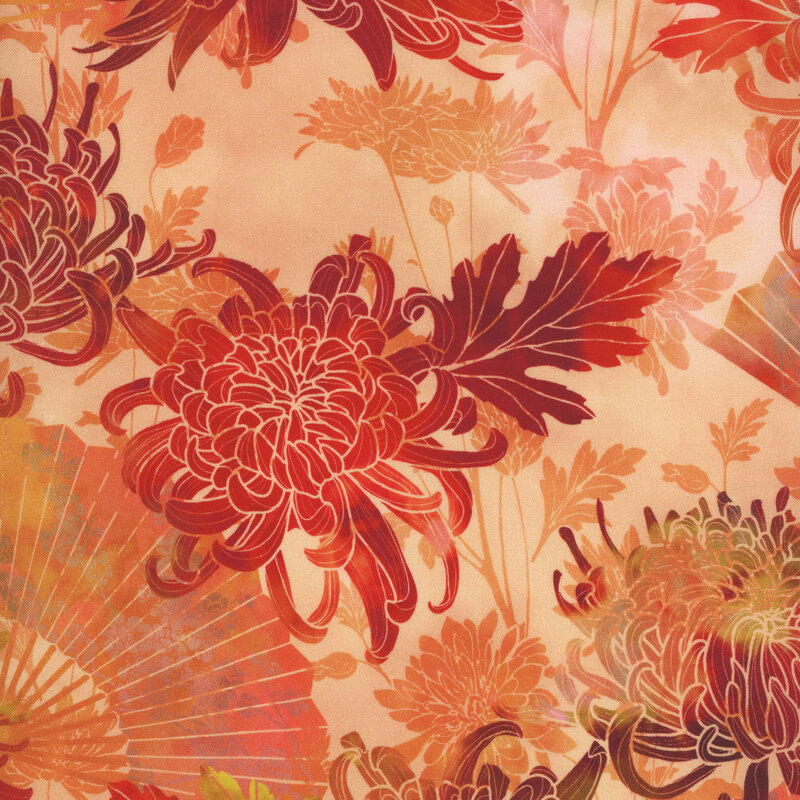 lovely light vermilion fabric featuring scattered mums and paper fans depicting cranes, in shades of mottled red and orange