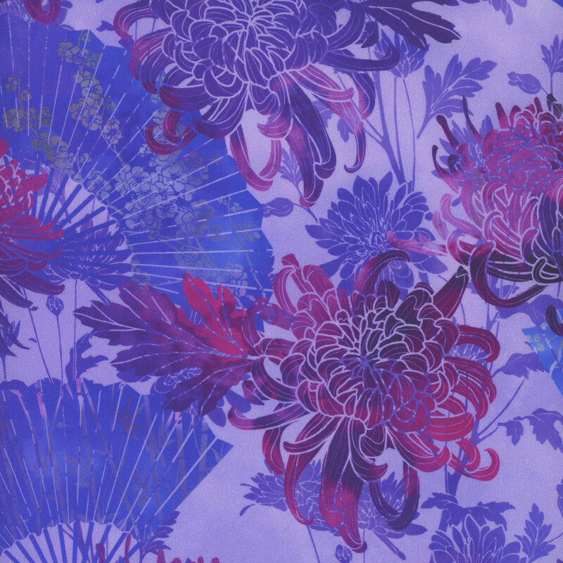lovely lavender fabric features scattered mums and paper fans depicting cranes, in shades of mottled blue and purple