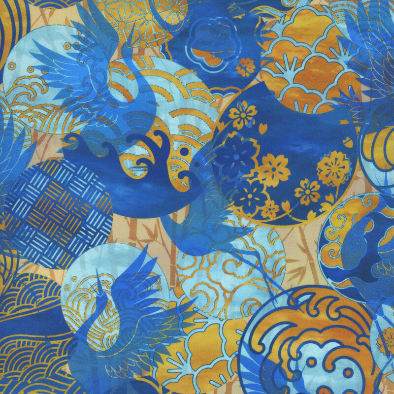 gorgeous fabric featuring scattered circles with different patterns in mottled blue and aqua, with golden yellow accents, and the occasional crane flying through the circles