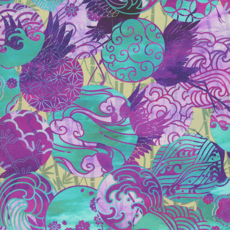 gorgeous fabric featuring scattered circles with different patterns in mottled teal, purple, and magenta, and the occasional crane flying through the circles