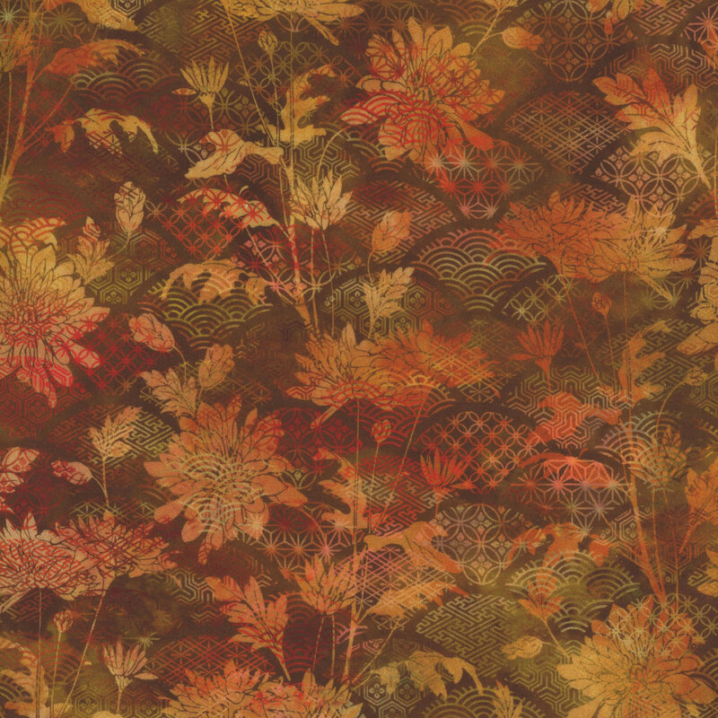 beautiful warm brown fabric featuring patterned scallops overlaid by scattered mums, which is brought together with a cohesive color scheme of mottled orange, yellow, and tan