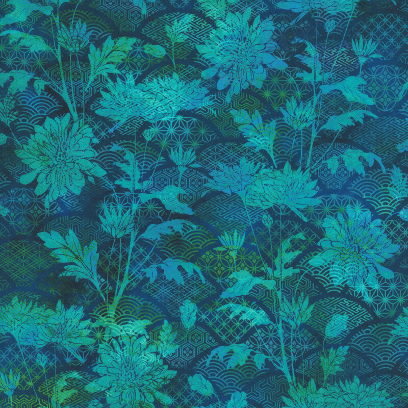 beautiful teal fabric featuring patterned scallops overlaid by scattered mums, which is brought together with a cohesive color scheme of mottled light blue, aqua, and teal