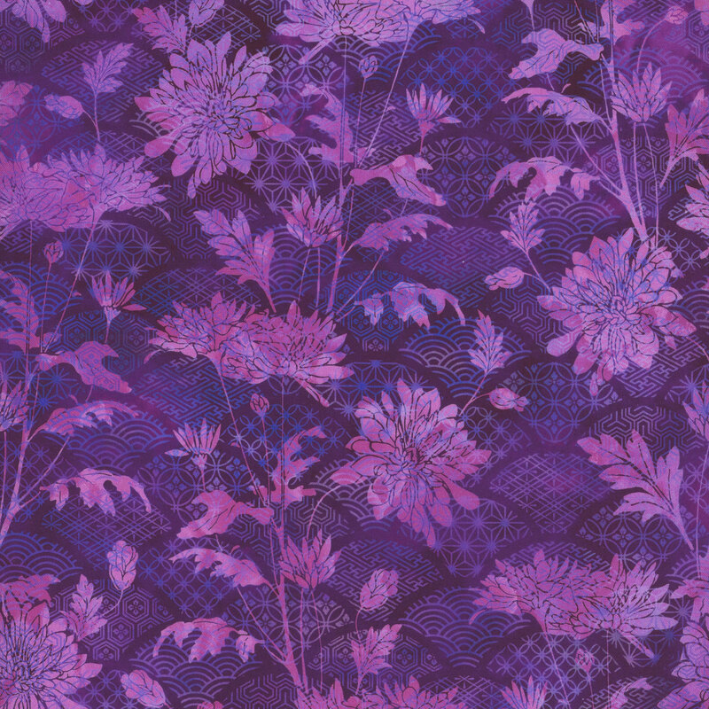 beautiful purple fabric featuring patterned scallops overlaid by scattered mums, which is brought together with a cohesive color scheme of mottled purple, magenta, and violet