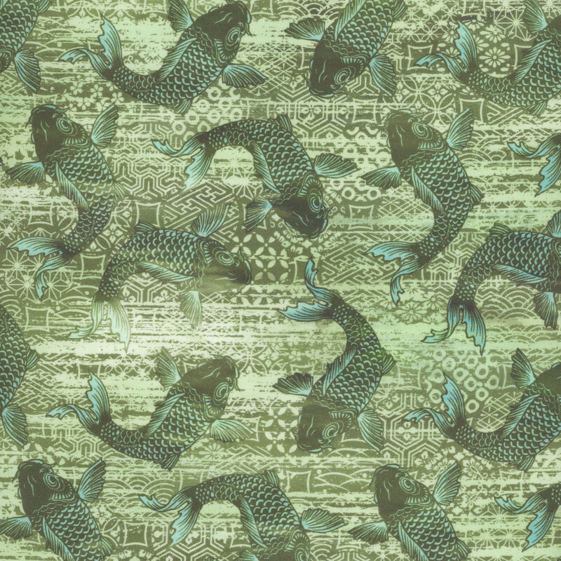 lovely light green fabric features sage green textured patterning and scattered sage green koi fish