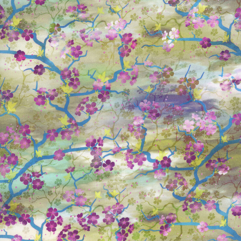 beautiful green and light blue mottled fabric featuring magenta flowering cherry blossoms on teal branches
