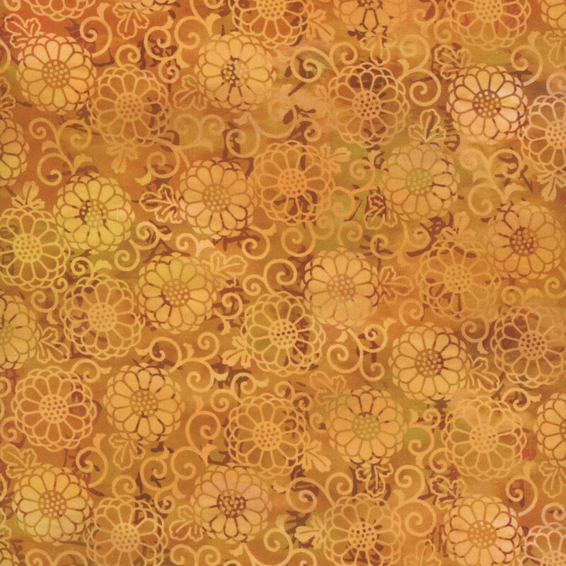 gorgeous golden yellow fabric featuring scattered yellow flowers and scrolling