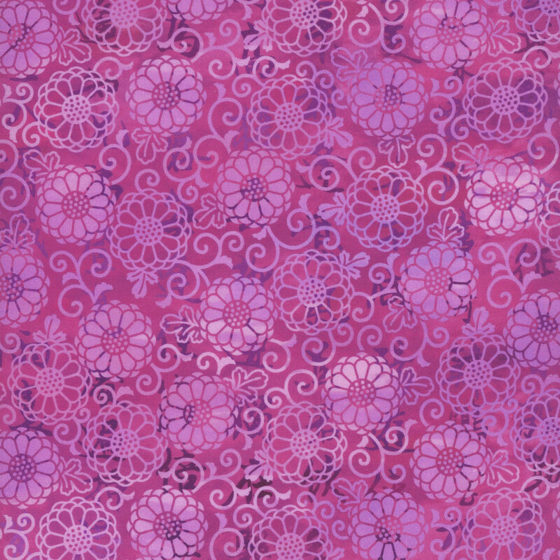 gorgeous magenta fabric featuring scattered pink flowers and scrolling