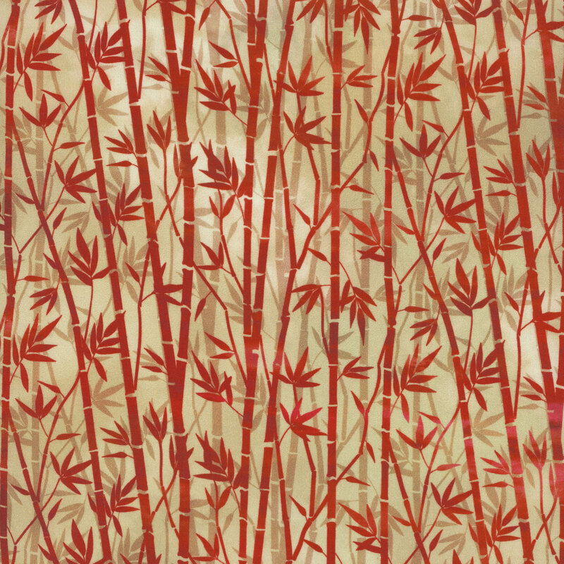 lovely tan fabric featuring both taupe and deep red bamboo stalks