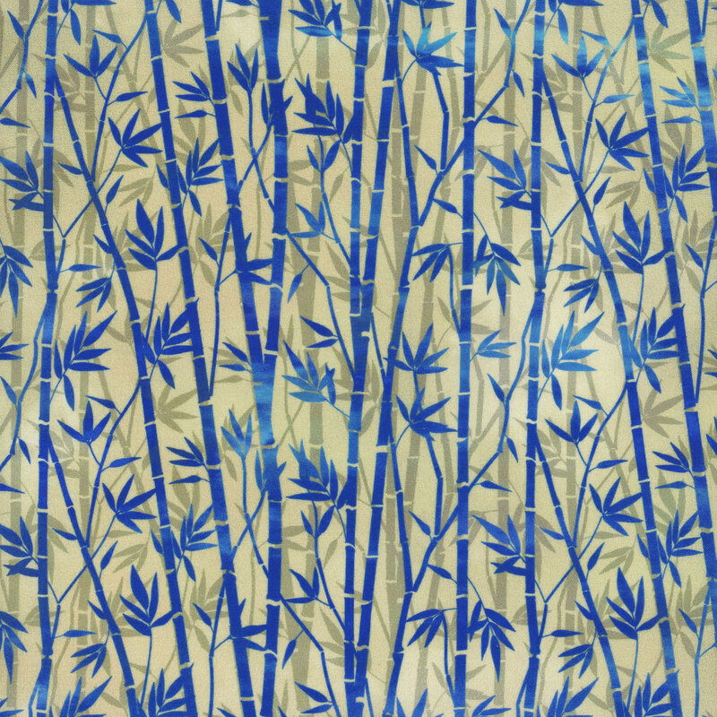 lovely cool tan fabric featuring both taupe and rich blue bamboo stalks