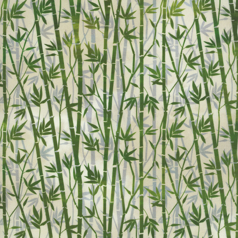 lovely tan fabric features both taupe and deep green bamboo stalks