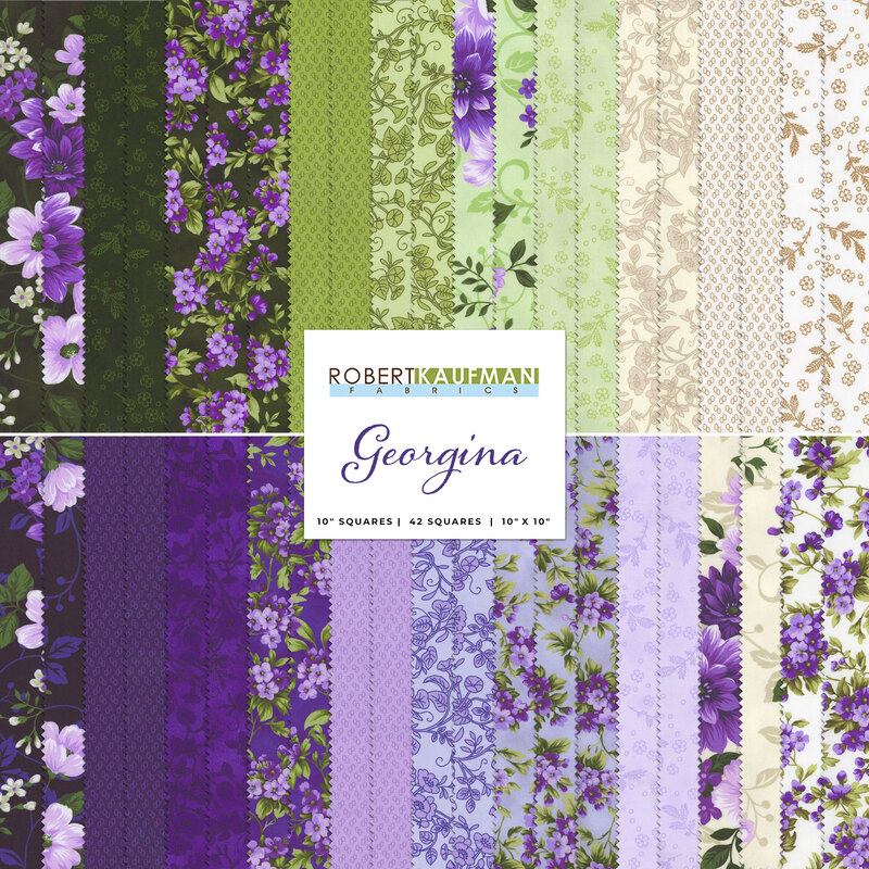 Collage of the purple and green floral fabrics included in the Georgina collection.