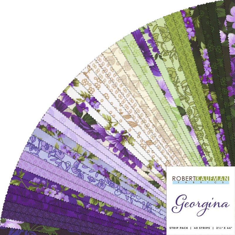 Collage of the purple and green floral fabrics included in the Georgina collection.