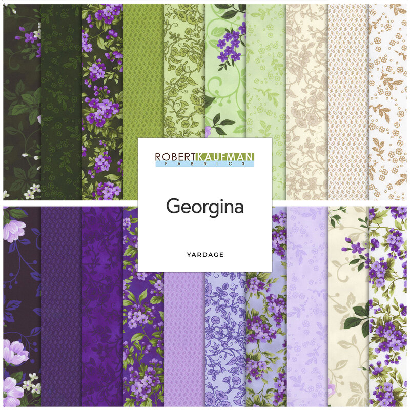 Collage of the purple and green floral fabrics included in the Georgina collection.