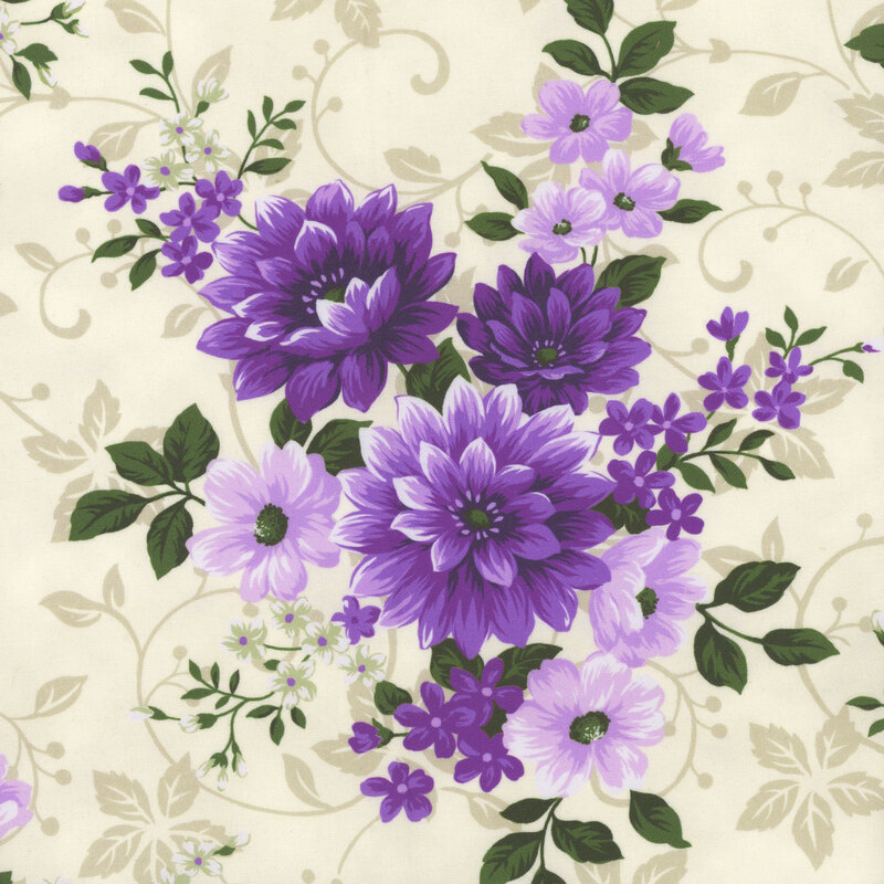 Cream-colored fabric with tonal vines and leaves and clusters of purple flowers.